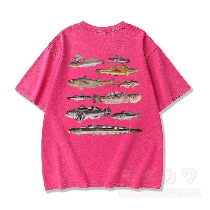 Modakawa Marine Fish Print Washed Loose Oversized Kurzarm-T-Shirt - Rosa - 3XL - image 3