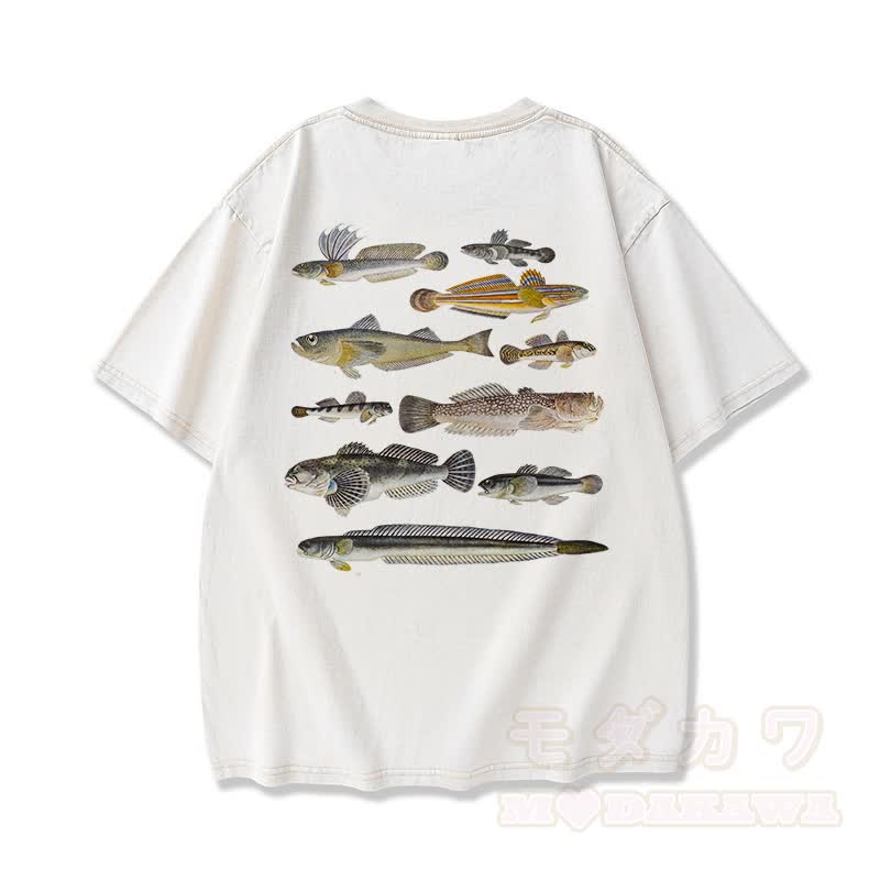 Modakawa Marine Fish Print Washed Loose Oversized Kurzarm-T-Shirt - Weiß - 3XL - image 1