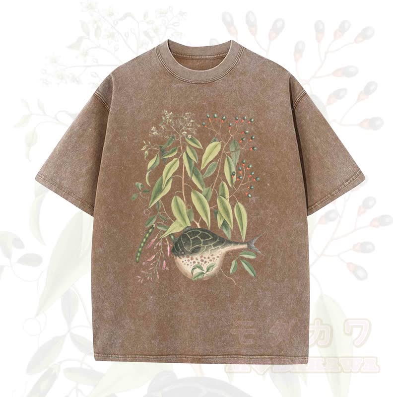 Modakawa Vintage Washed Fish Plant Print Loose Oversized Kurzarm-T-Shirt - Kaffee - 5XL - image 2
