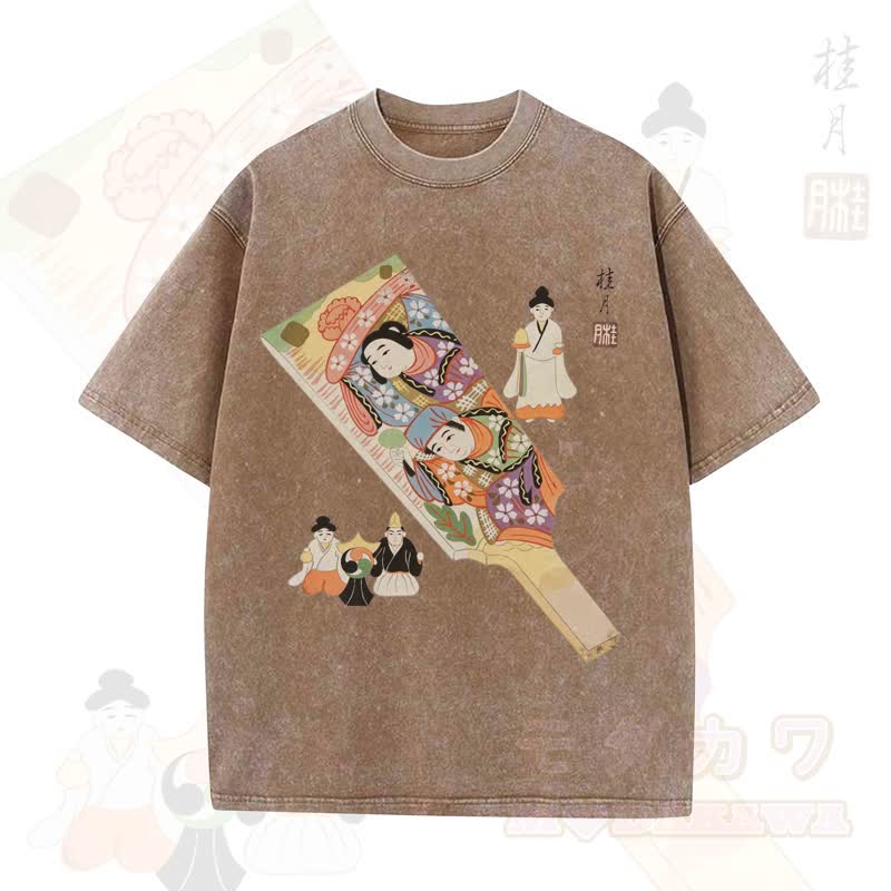 MODAKAWA Vintage-Top aus gewaschener, übergroßer Baumwolle mit traditionellem japanischem Schriftzeichen-Print und kurzen Ärmeln - Kaffee - 5XL - image 2