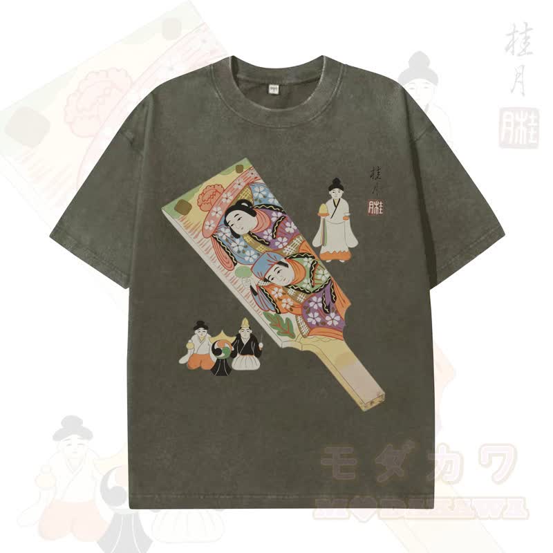 MODAKAWA Vintage-Top aus gewaschener, übergroßer Baumwolle mit traditionellem japanischem Schriftzeichen-Print und kurzen Ärmeln - Grün - 5XL - image 6