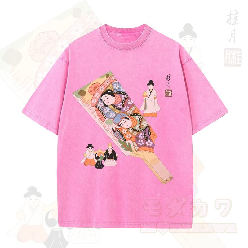 MODAKAWA Vintage-Top aus gewaschener, übergroßer Baumwolle mit traditionellem japanischem Schriftzeichen-Print und kurzen Ärmeln - Rosa - 5XL - image 4