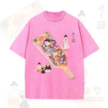 MODAKAWA Vintage-Top aus gewaschener, übergroßer Baumwolle mit traditionellem japanischem Schriftzeichen-Print und kurzen Ärmeln - Rosa - 5XL - image 4