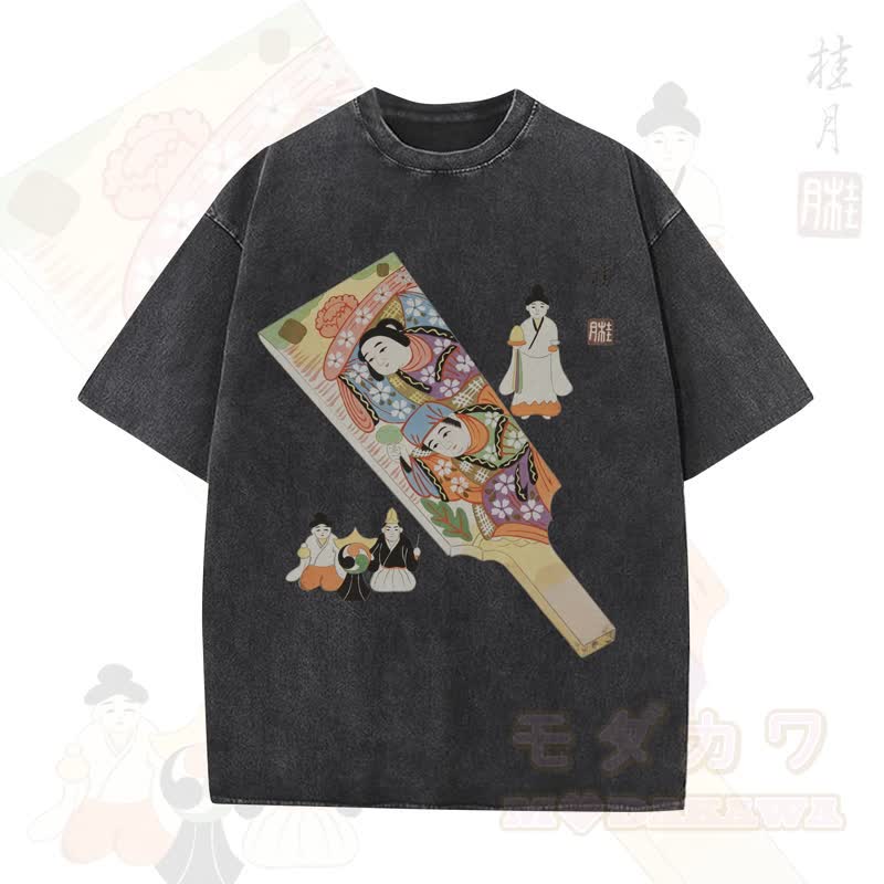 MODAKAWA Vintage-Top aus gewaschener, übergroßer Baumwolle mit traditionellem japanischem Schriftzeichen-Print und kurzen Ärmeln - Schwarz - 5XL - image 1