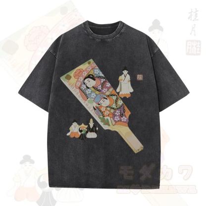 MODAKAWA Vintage-Top aus gewaschener, übergroßer Baumwolle mit traditionellem japanischem Schriftzeichen-Print und kurzen Ärmeln - Schwarz - 5XL - image 1