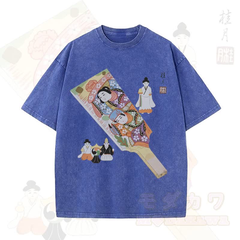 MODAKAWA Vintage-Top aus gewaschener, übergroßer Baumwolle mit traditionellem japanischem Schriftzeichen-Print und kurzen Ärmeln - Blau - 5XL - image 8
