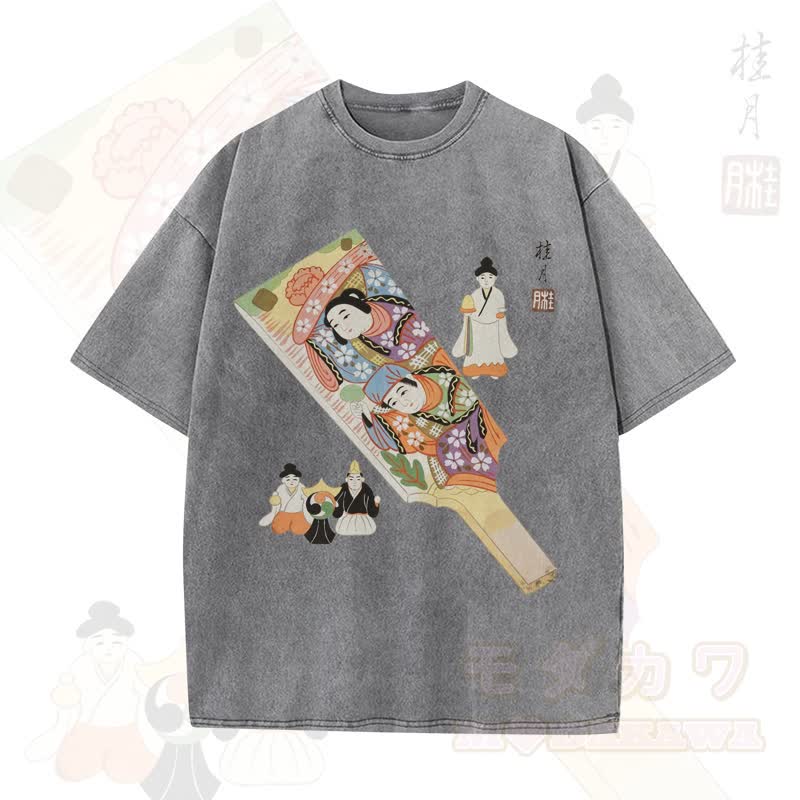 MODAKAWA Vintage-Top aus gewaschener, übergroßer Baumwolle mit traditionellem japanischem Schriftzeichen-Print und kurzen Ärmeln - Grau - 5XL - image 5