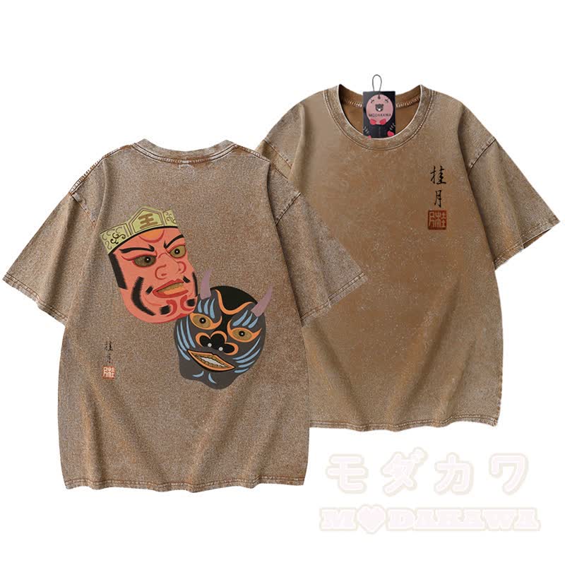 MODAKAWA Vintage-Baumwolle, locker geschnitten, Oversized, Kurzarm, mit Print einer chinesischen Opernmaske, aus gewaschenem Stoff - image 1