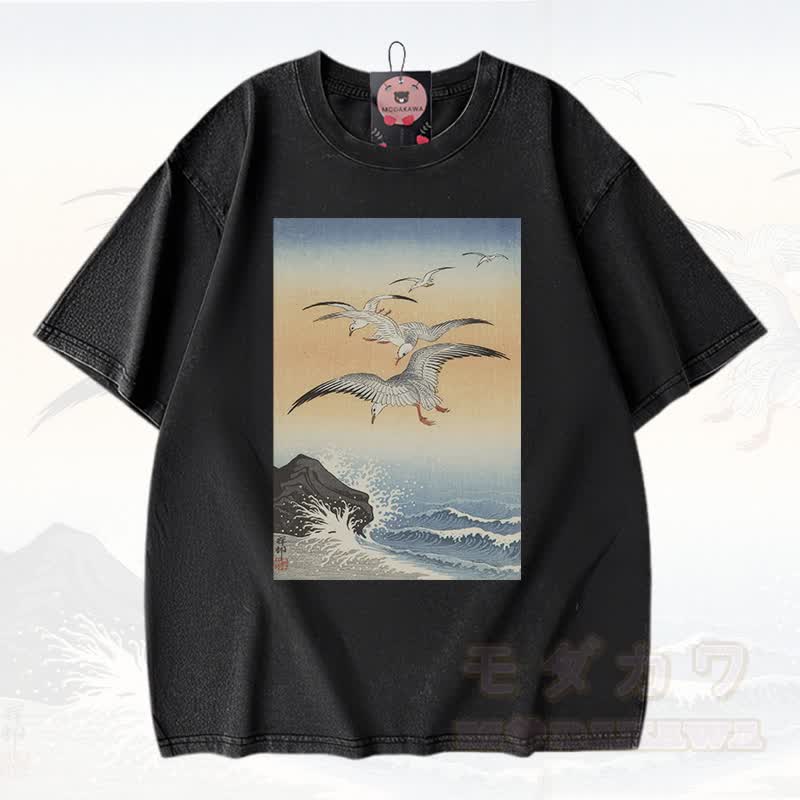 MODAKAWA Vintage Washed Seagull Wave Ocean Landscape Graphic Cotton Loose Oversized Kurzarm-T-Shirt  - Schwarz - 3XL - image 1