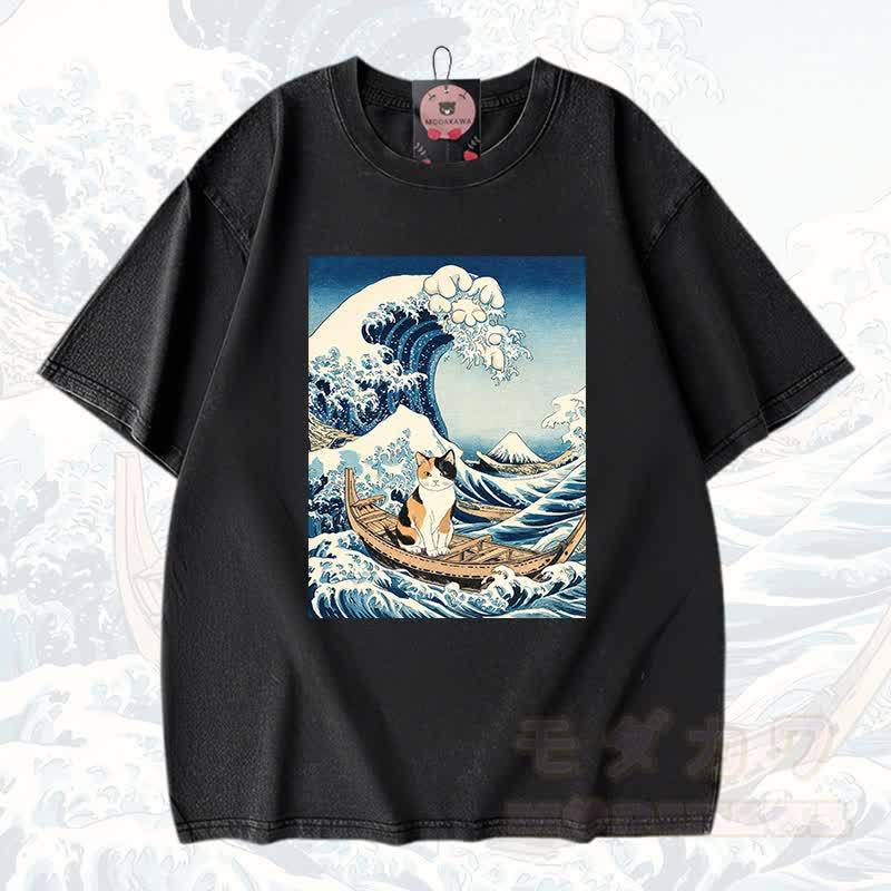MODAKAWA Anime Grafik Vintage gewaschenes T-Shirt aus 100% Baumwolle - Schwarz - 3XL - image 1