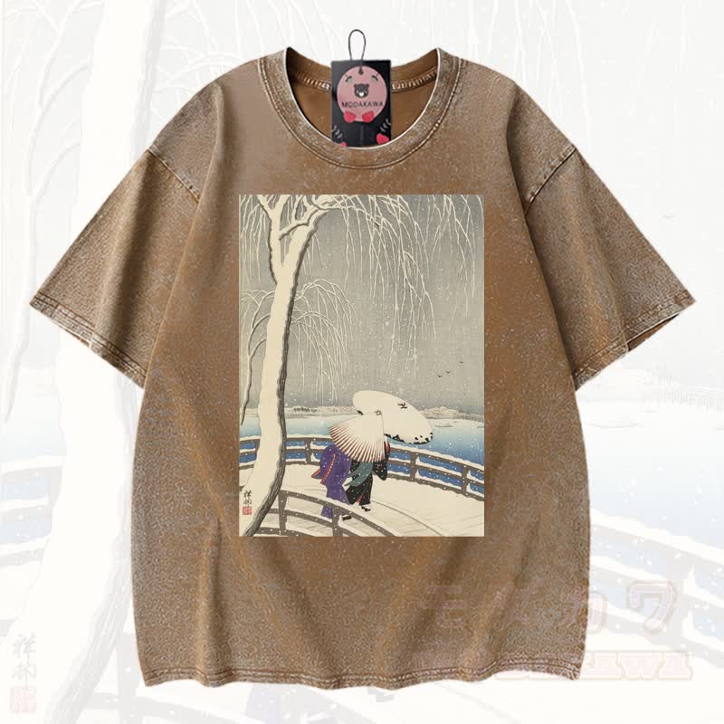 MODAKAWA Vintage Washed Winter Snow Willow Bridge Print Cotton Loose Oversized Kurzarm-T-Shirt - Kaffee - 3XL - image 2