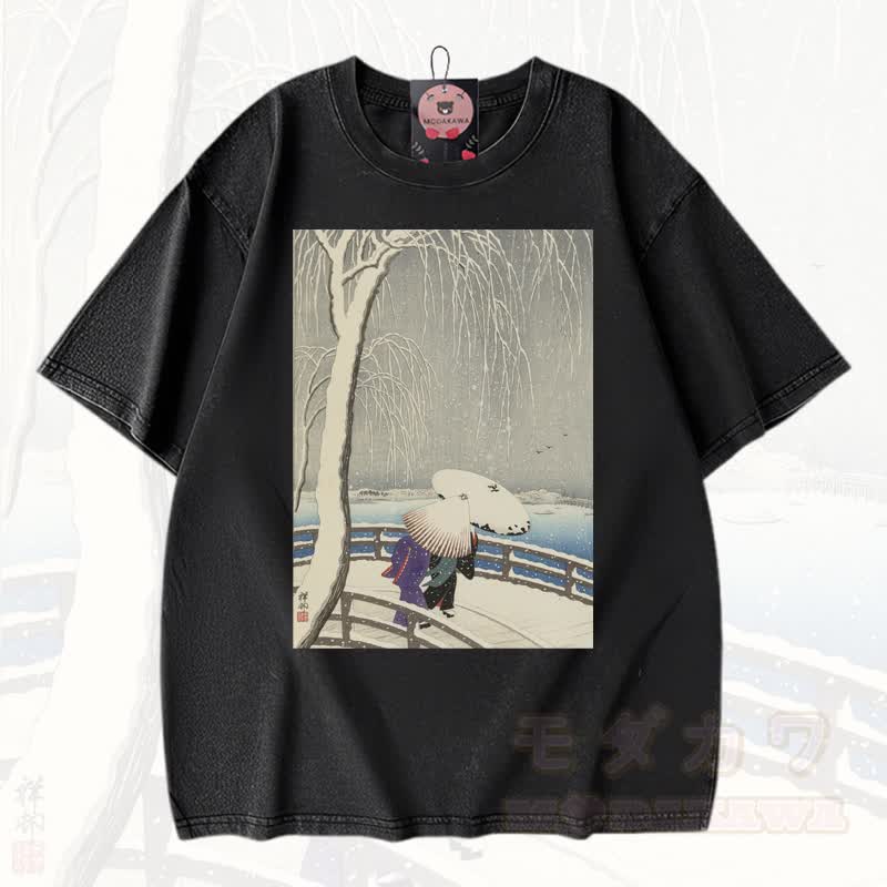 MODAKAWA Vintage Washed Winter Snow Willow Bridge Print Cotton Loose Oversized Kurzarm-T-Shirt - Schwarz - 3XL - image 1