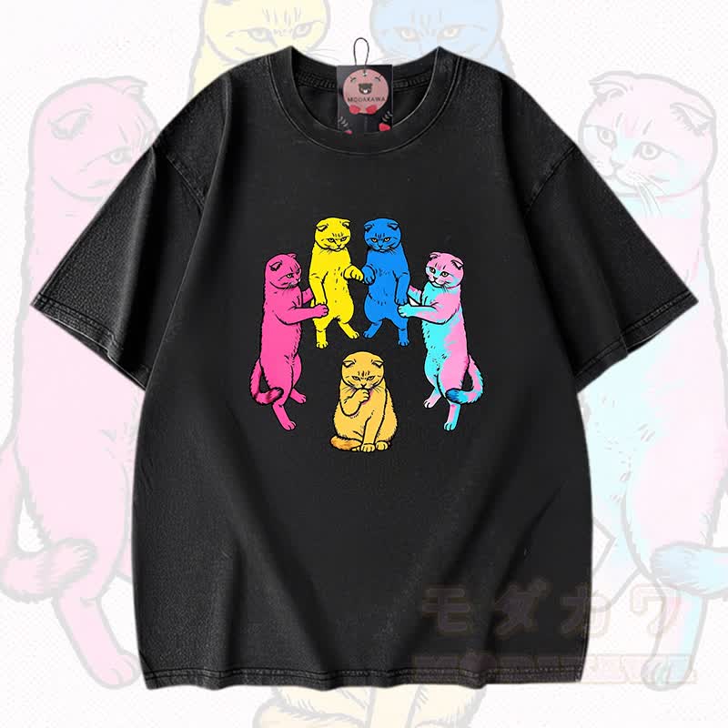 MODAKAWA Katzen-Grafik Vintage-gewaschenes T-Shirt aus 100 % Baumwolle - Schwarz - 3XL - image 2