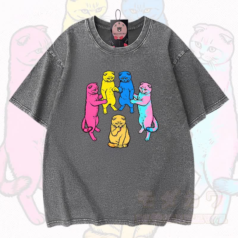 MODAKAWA Katzen-Grafik Vintage-gewaschenes T-Shirt aus 100 % Baumwolle - Grau - 3XL - image 1