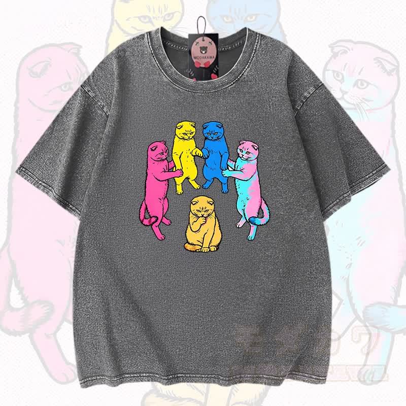 MODAKAWA Katzen-Grafik Vintage-gewaschenes T-Shirt aus 100 % Baumwolle - Grau - 3XL - image 1