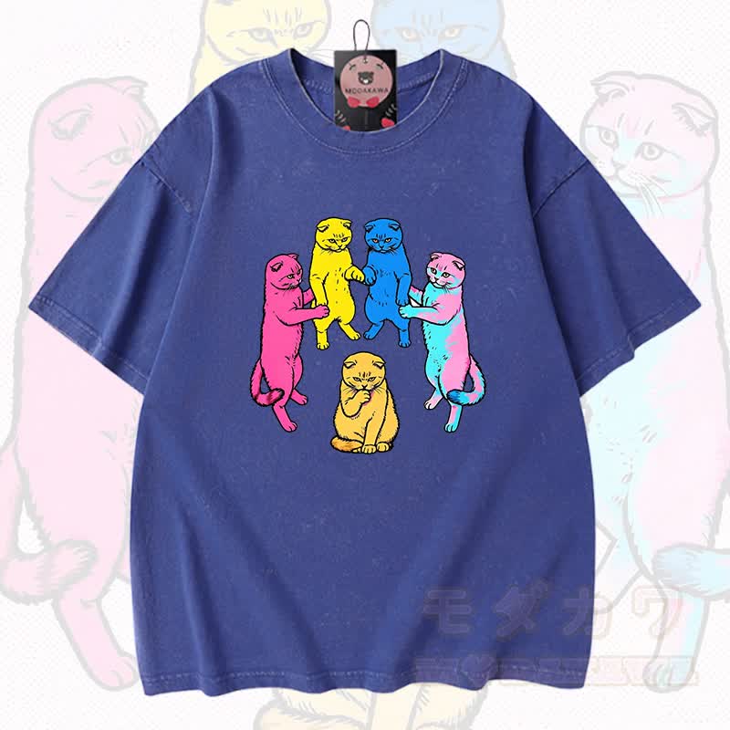 MODAKAWA Katzen-Grafik Vintage-gewaschenes T-Shirt aus 100 % Baumwolle - Blau - 3XL - image 7