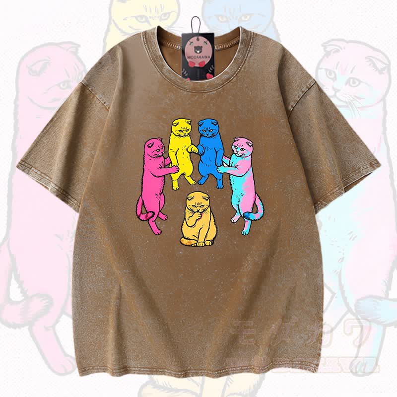 MODAKAWA Katzen-Grafik Vintage-gewaschenes T-Shirt aus 100 % Baumwolle - Braun - 3XL - image 4