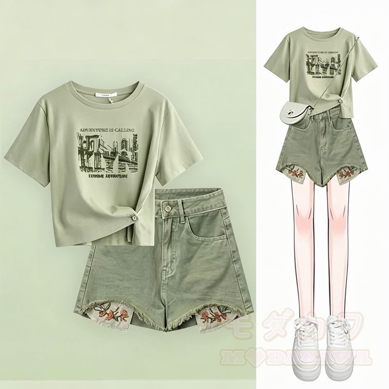 Süßes T-Shirt und geblümte Jeansshorts Zweiteiler-Set - Satz - 3XL - image 1