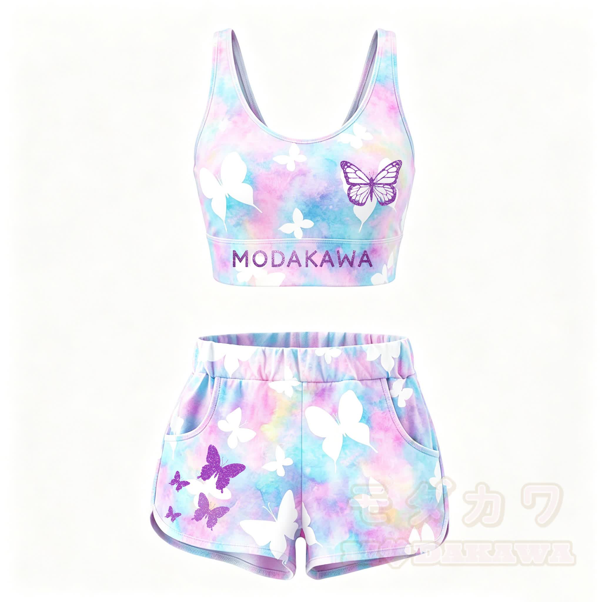 MODAKAWA Butterfly Graphic Crop Tank Sport Top Shorts Matching Outfit - Satz A - 5XL - image 2