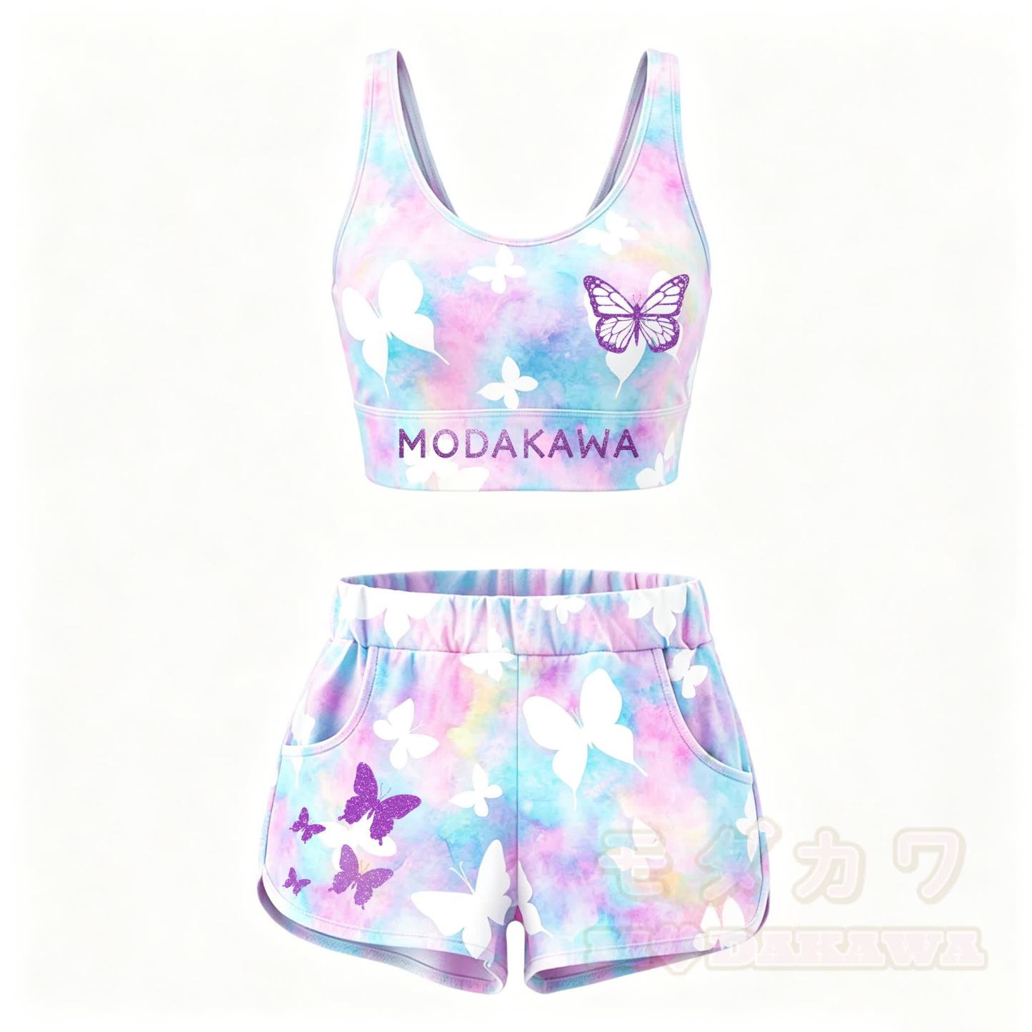 MODAKAWA Butterfly Graphic Crop Tank Sport Top Shorts Matching Outfit - Satz A - 5XL - image 2