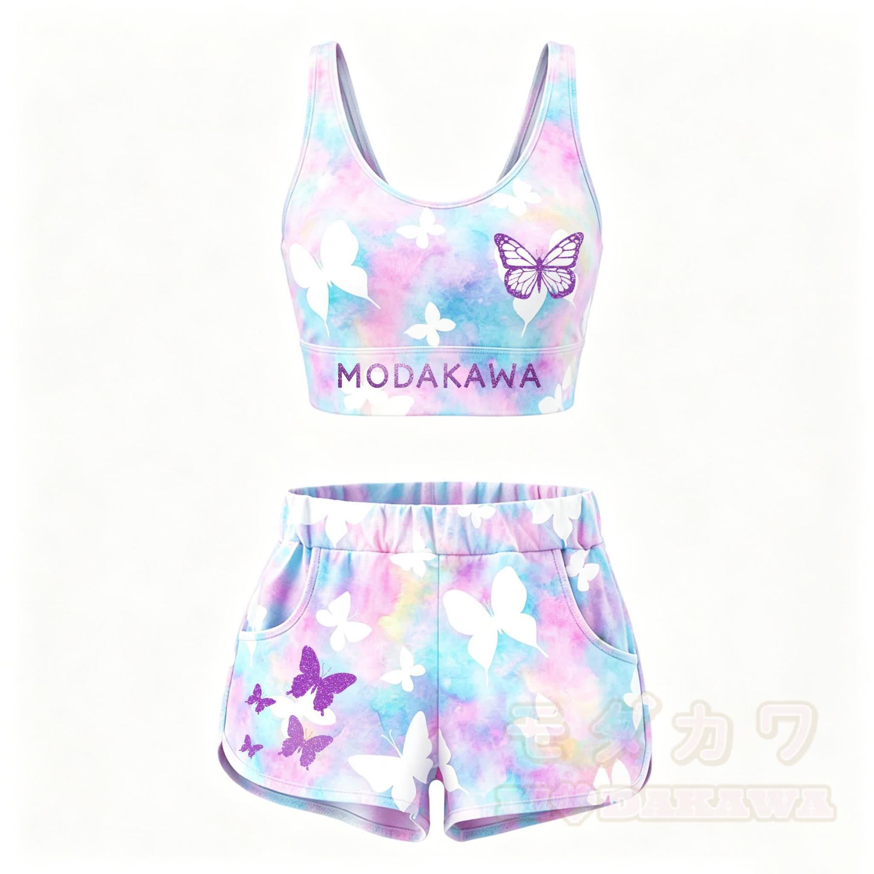 MODAKAWA Butterfly Graphic Crop Tank Sport Top Shorts Matching Outfit - Satz A - 5XL - image 2