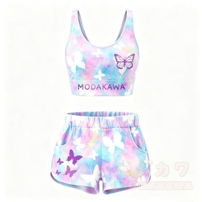 MODAKAWA Butterfly Graphic Crop Tank Sport Top Shorts Matching Outfit - Satz A - 5XL - image 2