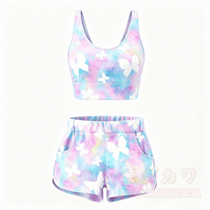 MODAKAWA Butterfly Graphic Crop Tank Sport Top Shorts Matching Outfit - Satz C - 5XL - image 3