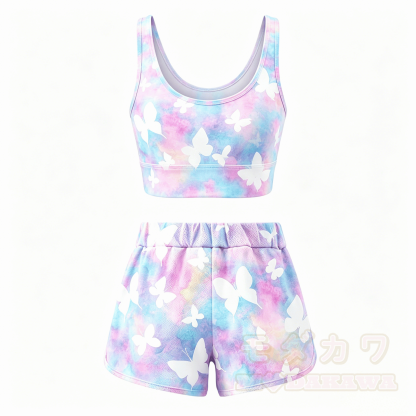 MODAKAWA X popipeko Butterfly Puppy Grafik Crop Tank Top Sport Shorts Passendes Outfit - Satz B - 5XL - image 2