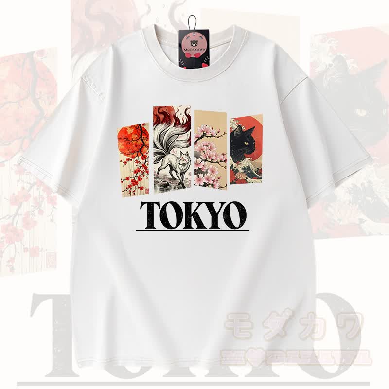MODAKAWA Vintage TOKYO Fuchs-Kirschblüten-Katzenprint Kurzarm-T-Shirt - Weiß - 3XL - image 4