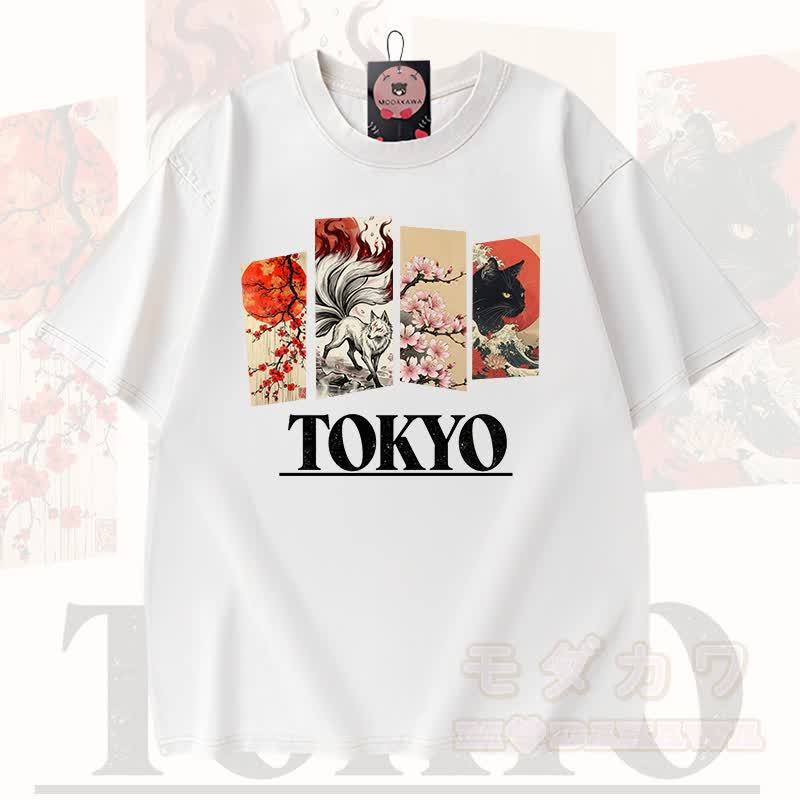 MODAKAWA Vintage TOKYO Fuchs-Kirschblüten-Katzenprint Kurzarm-T-Shirt - Weiß - 3XL - image 4
