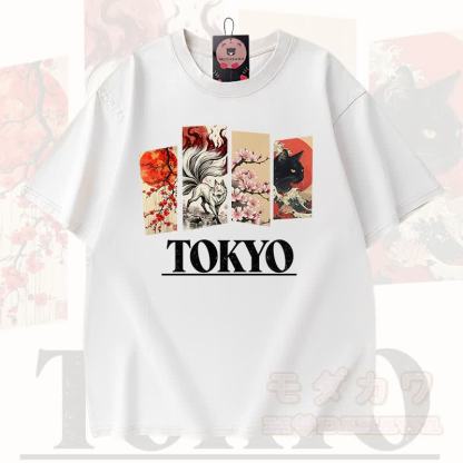 MODAKAWA Vintage TOKYO Fuchs-Kirschblüten-Katzenprint Kurzarm-T-Shirt - Weiß - 3XL - image 4