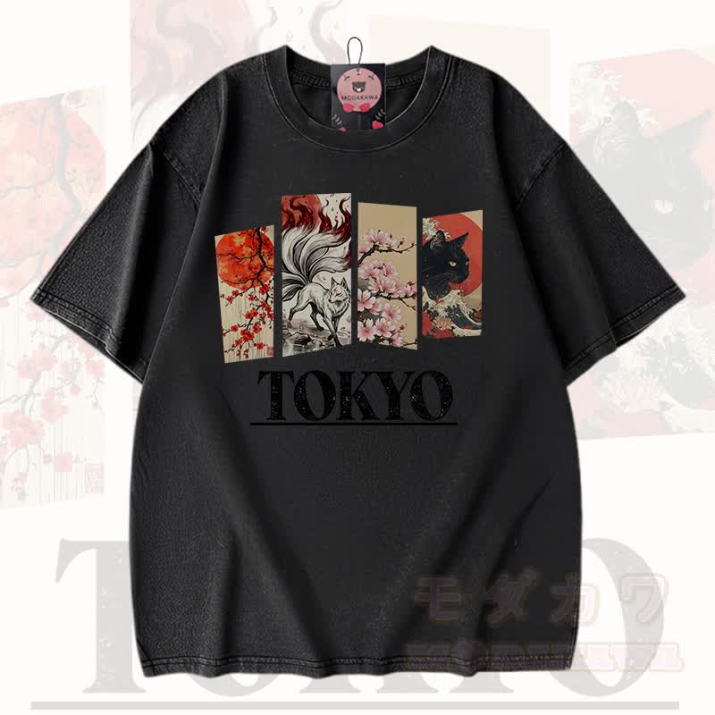 MODAKAWA Vintage TOKYO Fuchs-Kirschblüten-Katzenprint Kurzarm-T-Shirt - Schwarz - 3XL - image 3