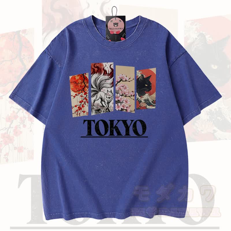 MODAKAWA Vintage TOKYO Fuchs-Kirschblüten-Katzenprint Kurzarm-T-Shirt - Blau - 3XL - image 5