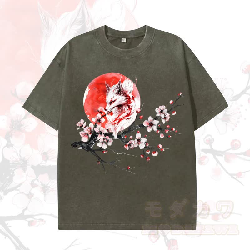 MODAKAWA Vintage Washed Fox Sun Plum Blossom Print Kurzarm-T-Shirt - Dunkelgrün - 5XL - image 3