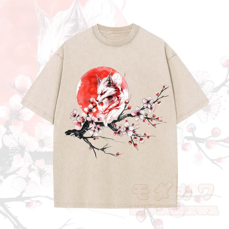 MODAKAWA Vintage Washed Fox Sun Plum Blossom Print Kurzarm-T-Shirt - Aprikose - 5XL - image 6