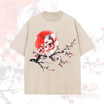 MODAKAWA Vintage Washed Fox Sun Plum Blossom Print Kurzarm-T-Shirt - Aprikose - 5XL - image 6