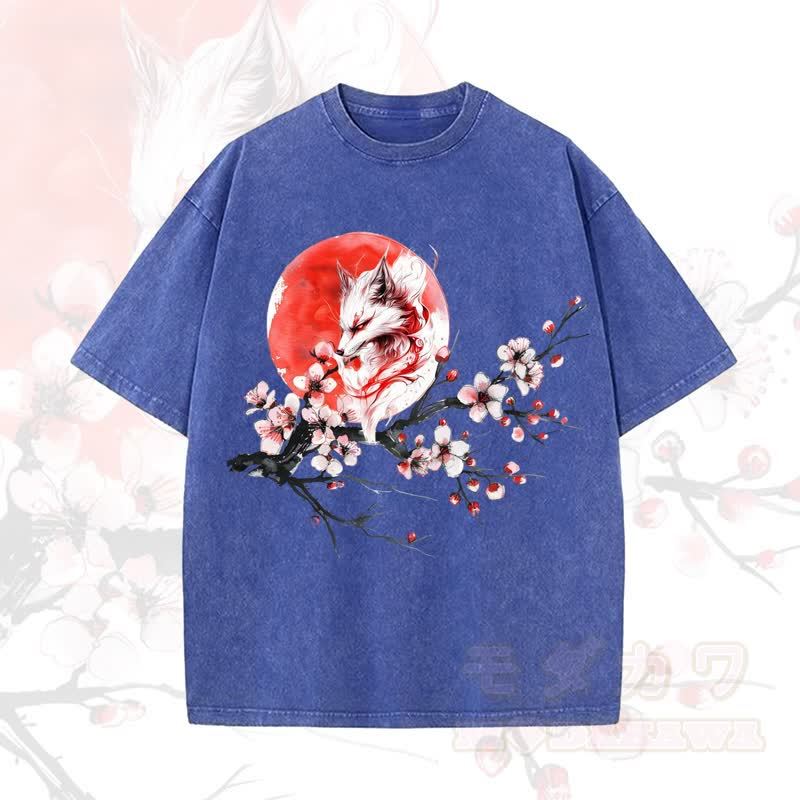 MODAKAWA Vintage Washed Fox Sun Plum Blossom Print Kurzarm-T-Shirt - Blau - 5XL - image 5