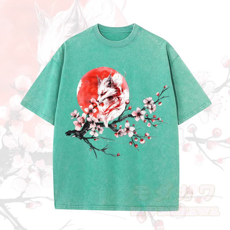 MODAKAWA Vintage Washed Fox Sun Plum Blossom Print Kurzarm-T-Shirt - Grün - 5XL - image 4
