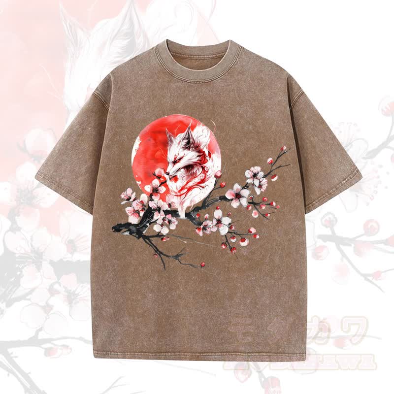 MODAKAWA Vintage Washed Fox Sun Plum Blossom Print Kurzarm-T-Shirt - Braun - 5XL - image 7