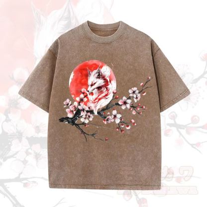 MODAKAWA Vintage Washed Fox Sun Plum Blossom Print Kurzarm-T-Shirt - Braun - 5XL - image 7