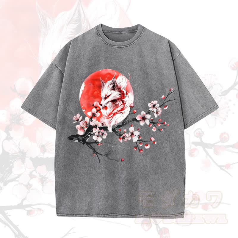 MODAKAWA Vintage Washed Fox Sun Plum Blossom Print Kurzarm-T-Shirt - Grau - 5XL - image 2