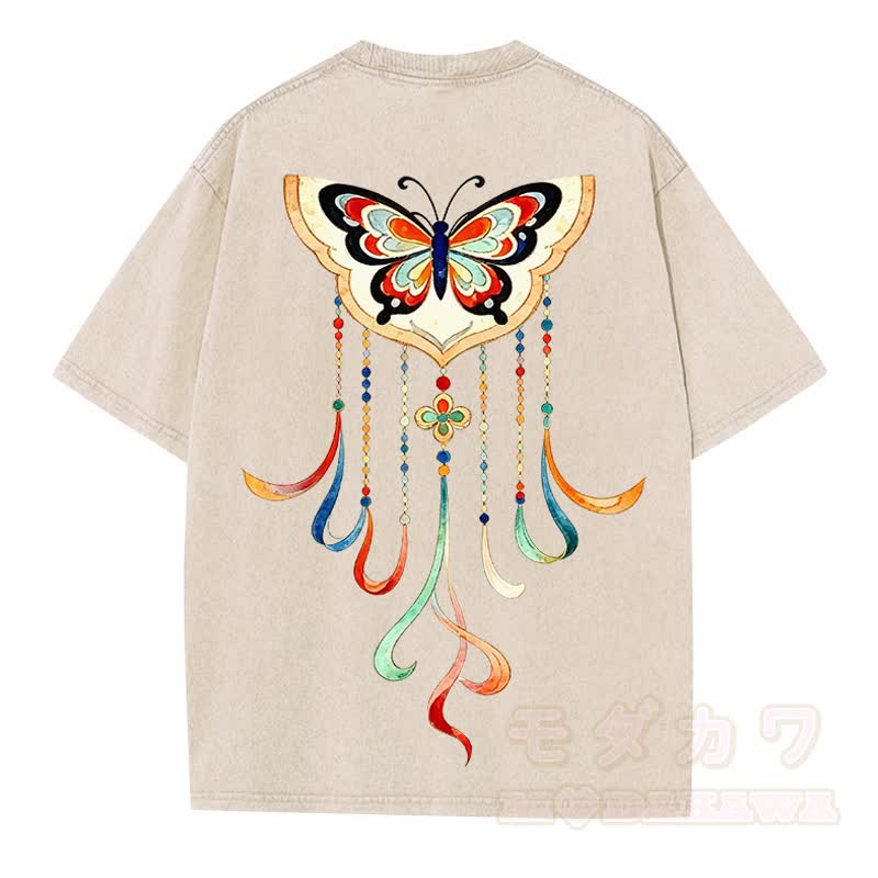 MODAKAWA Vintage Washed Colorful Butterfly Fransen Print Kurzarm-T-Shirt - Aprikose - 5XL - image 2