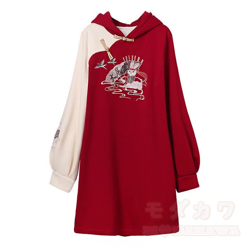 Kapuzenpulloverkleid im chinesischen Stil mit Hasen- und Kranichmuster - Rot - 4XL - image 1