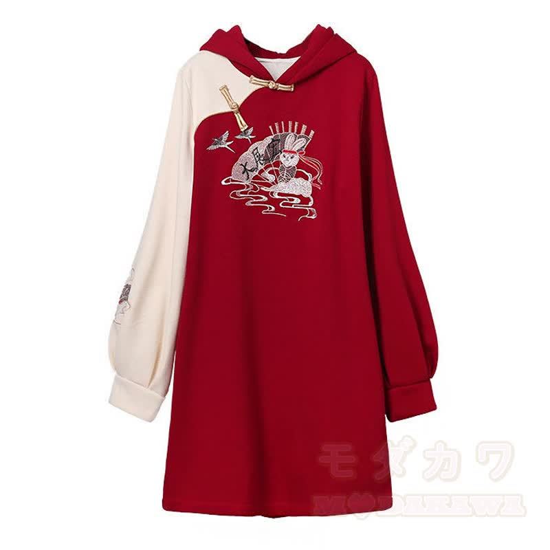 Kapuzenpulloverkleid im chinesischen Stil mit Hasen- und Kranichmuster - Rot - 4XL - image 1