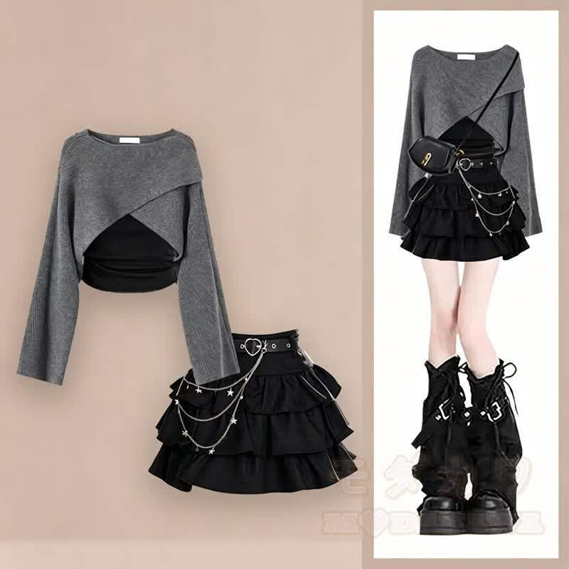 Dreiteiliges Set: Wickelpullover und Rüschenrock - Satz - 4XL - image 1