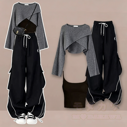 Dreiteiliges Set: Wickelpullover, Cargohose mit weitem Bein und passendem Cargo-Hose - Satz - 4XL - image 1