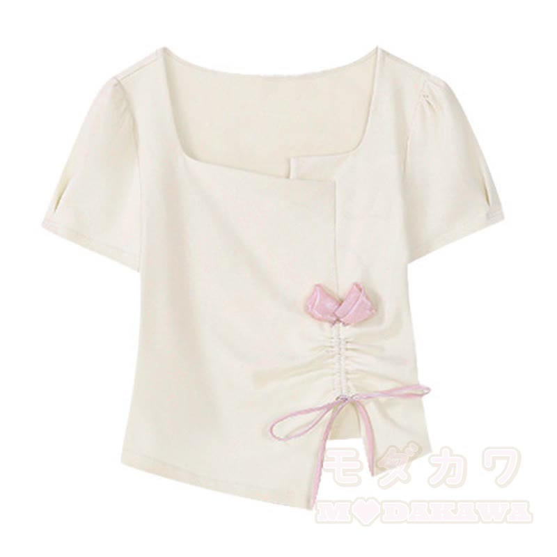 Zweiteiliges Set: T-Shirt mit eckigem Ausschnitt, Schleife und Kordelzug, dazu passende Jeansshorts mit Farbverlauf - T-Shirt - 3XL - image 2