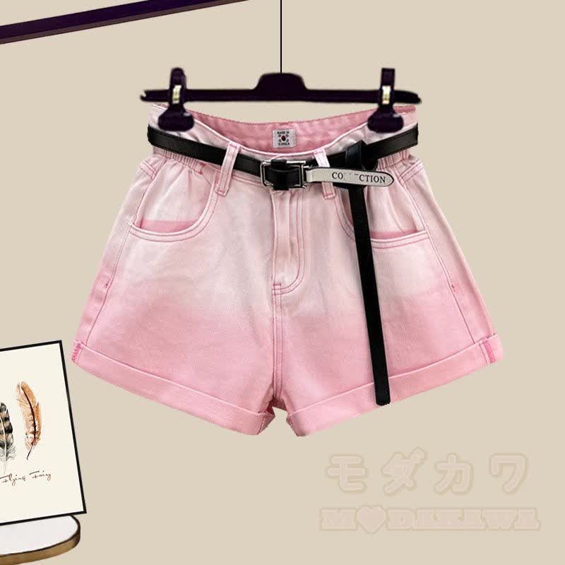 Zweiteiliges Set: T-Shirt mit eckigem Ausschnitt, Schleife und Kordelzug, dazu passende Jeansshorts mit Farbverlauf - Shorts - 3XL - image 3