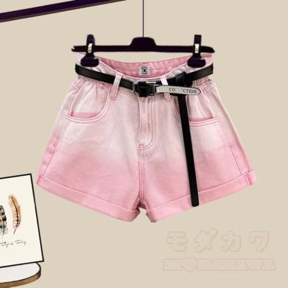 Zweiteiliges Set: T-Shirt mit eckigem Ausschnitt, Schleife und Kordelzug, dazu passende Jeansshorts mit Farbverlauf - Shorts - 3XL - image 3