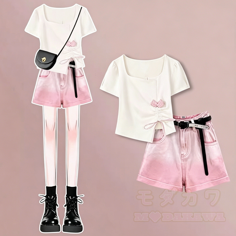 Zweiteiliges Set: T-Shirt mit eckigem Ausschnitt, Schleife und Kordelzug, dazu passende Jeansshorts mit Farbverlauf - Satz - 3XL - image 1